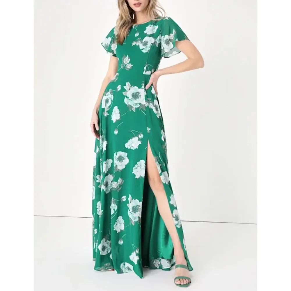 NWOT Lulus Classic Love Green Floral Tie Back Open Back Maxi Dress Size Small - Picture 3 of 13